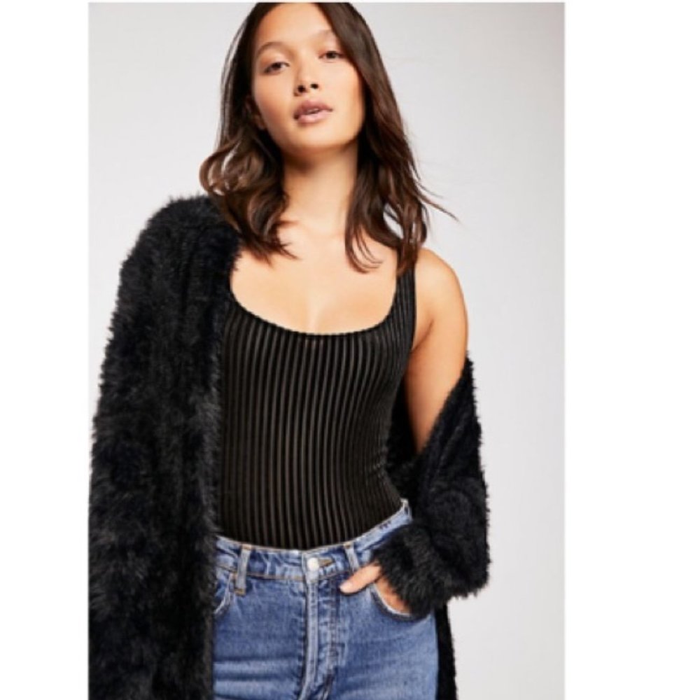 FREE PEOPLE FAUX FUR CARDIGAN IN BLACK